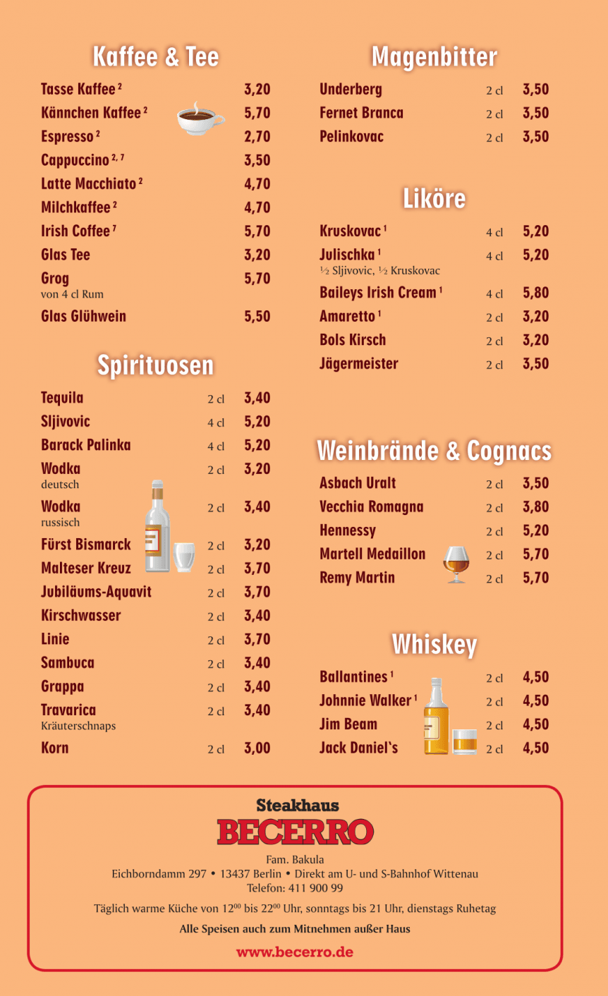 Getränkekarte: Kaffee und Tee, Spirituosen, Liköre, Weinbrände, Whiskey