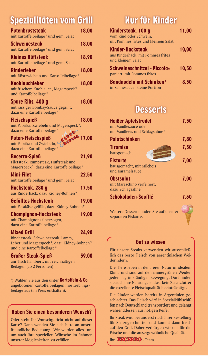 Speisekarte: Spezialitäten vom Grill, Nur für Kinder, Desserts